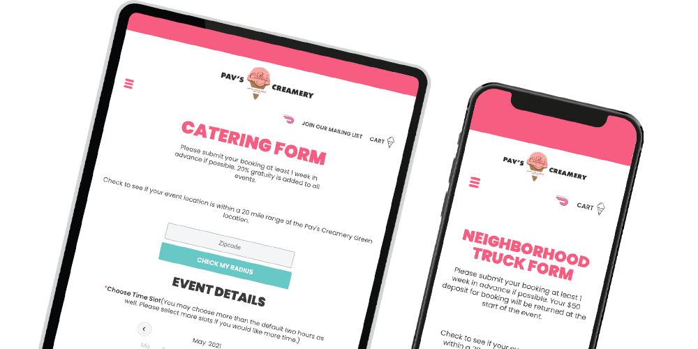 Pavs Catering form shown on mobile and tablet form